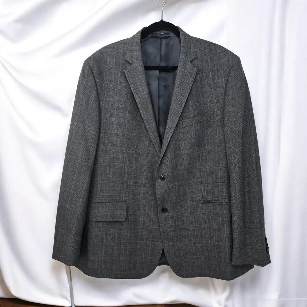 VTG Lands' End Wool Blazer Sutton Traditional Fit‎ Gray Plaid Mens 46 Reg Formal